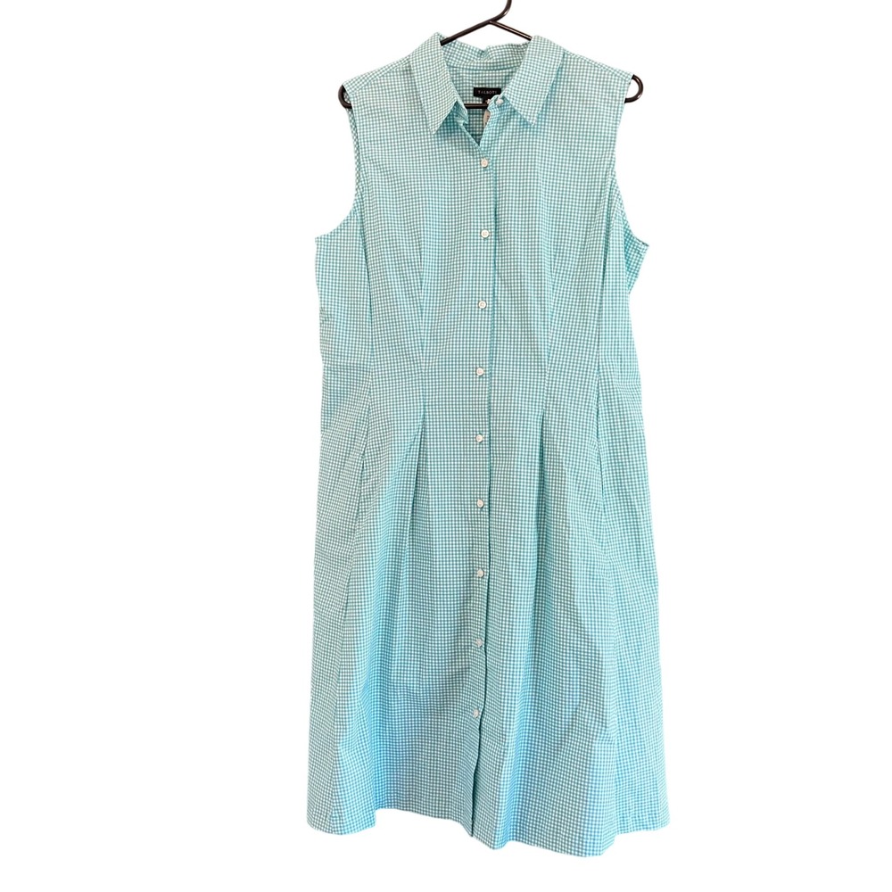 Talbots Turquoise Gingham Sleeveless Button Front Midi Shirt Dress Pockets 16